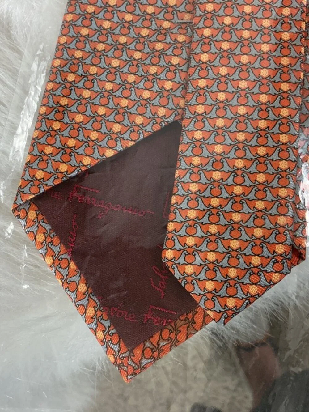Salvatore Ferragamo Gray, Orange, Yellow, Seal Print Silk Tie NWOT